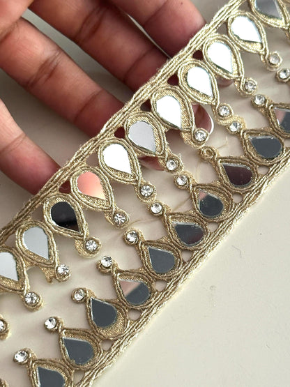 Mirror Rhinestone Lace Trim for Blouse, Saree, Lehenga Dupatta Golden Embroidered Border for Dressmaking DIY & Bridal Decor
