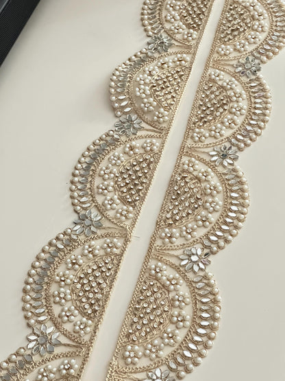 Scalloped Pearl Mirror Lace Trim  Wide Gold Embroidered Border for Veils Saree DIY Bridal Decor Designer Indian Craft Ribbon Broad lace