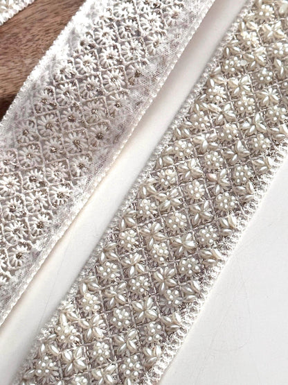 Ivory Pearl Beaded Trim 2 Inch Wide Wedding Gown Ribbon for Dress Sashes
