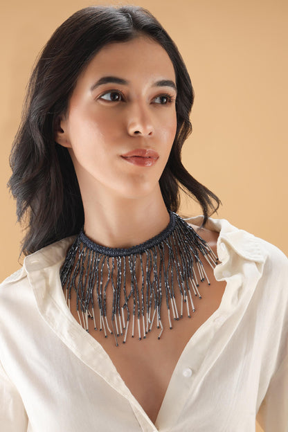 Beaded Tassel Choker Necklace Midnight Blue Crystal Statement Jewelry – Handmade Boho Festival & Evening Wear Accessory