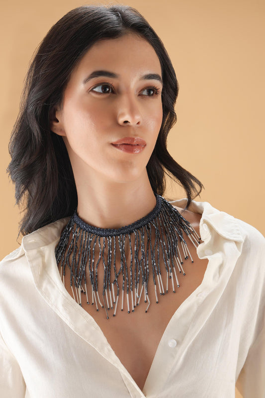 Beaded Tassel Choker Necklace Midnight Blue Crystal Statement Jewelry – Handmade Boho Festival & Evening Wear Accessory