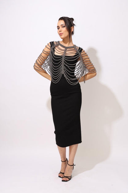 Gunmetal Beaded Shoulder Cape Handmade Fringe Capelet for Dresses Statement Shoulder Jewelry Evening Dress Accessory Body Jwellery One Size