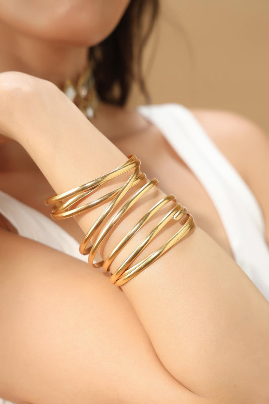Gold Spiral Arm Cuff Bracelet – 24K Gold Plated Brass Coil Armlet – Bold Adjustable Statement Jewelry – Handmade Fashion Accessory