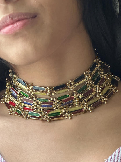 Handmade Multi-Color Enamel Choker Necklace Gold-Plated Festive Statement Jewelry  Unique Artisan Gift for Her Indian Ethnic Wedding Jewelry