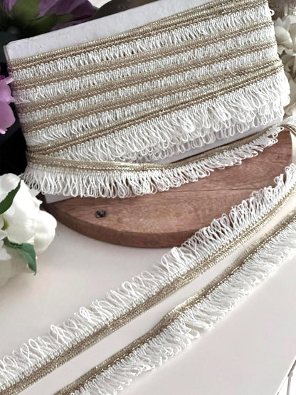 White & Gold boho Fringe Trim Loop Ribbon Metallic Curtain Edging Lace