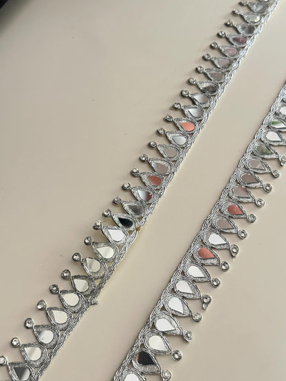 Silver Mirror Lace Trim with Rhinestones Teardrop Embroidery Border for Saree, Blouse, Dupatta DIY & Wedding Decor Zircon Embellished Trim