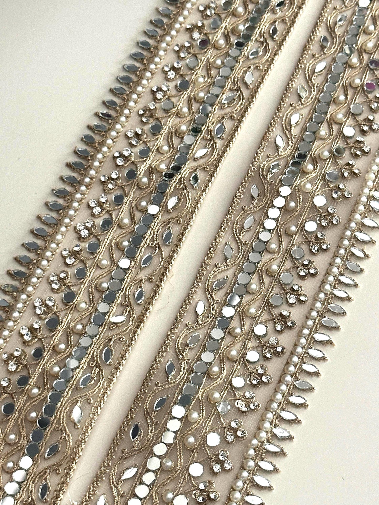 Pearl Mirror Lace Trim Zircon Gold Zari Embroidered Border for Saree, Dress, Decor Indian Wedding Veil Costume Ribbon  2 Inch Net Trim