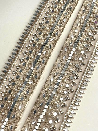 Pearl Mirror Lace Trim Zircon Gold Zari Embroidered Border for Saree, Dress, Decor Indian Wedding Veil Costume Ribbon  2 Inch Net Trim