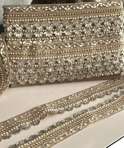 Floral Mirror Pearl Lace Trim Zircon Rhinestone Thin Embroidered Gold Border for Jewelry Costume Veils & Blouses  1 Inch Craft Ribbon India
