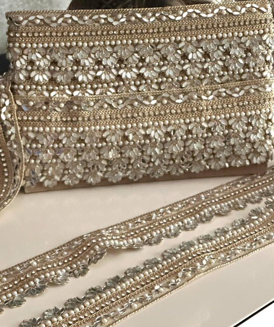 Floral Mirror Pearl Lace Trim Zircon Rhinestone Thin Embroidered Gold Border for Jewelry Costume Veils & Blouses  1 Inch Craft Ribbon India