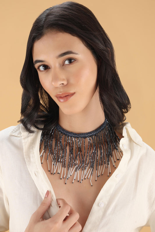 Beaded Tassel Choker Necklace Midnight Blue Crystal Statement Jewelry – Handmade Boho Festival & Evening Wear Accessory