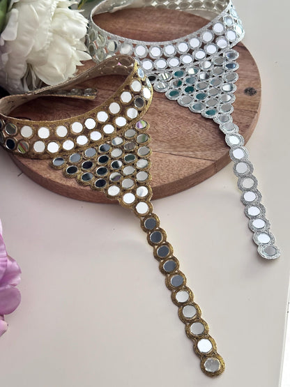 Hand Embroidered Mirror Work Neck Applique  Boho Silver & Gold Body Jewelry Yoke Patch Mirror Crystal Embellishment for Dress Gown Costume
