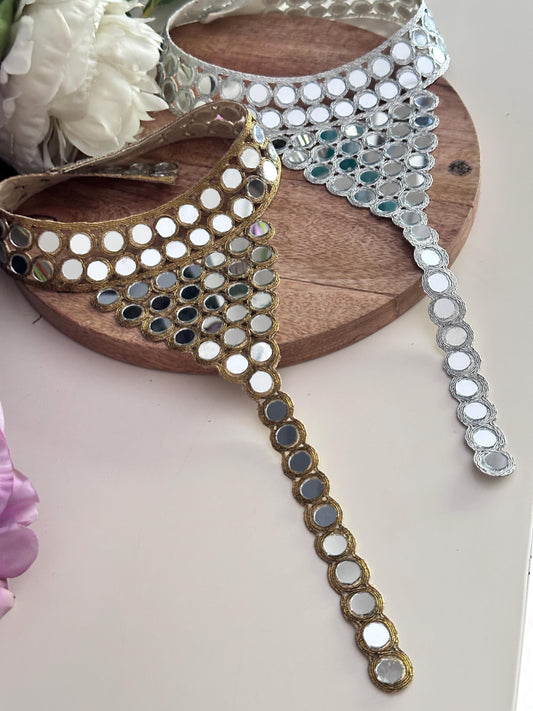 Hand Embroidered Mirror Work Neck Applique  Boho Silver & Gold Body Jewelry Yoke Patch Mirror Crystal Embellishment for Dress Gown Costume