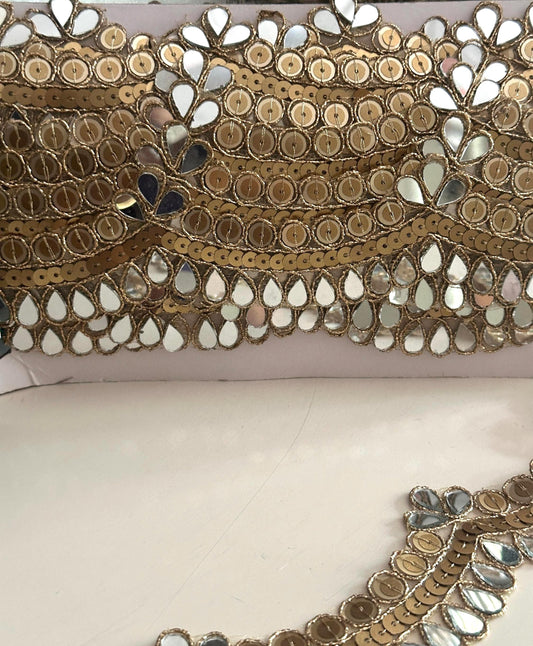 Gold Mirror Lace Trim for Saree Lehenga Bridal Veil Dupatta Dress Border Boho Wedding & DIY Craft Sequin Embellished Indian Border