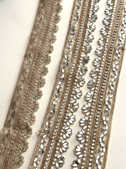 Floral Mirror Pearl Lace Trim Zircon Rhinestone Thin Embroidered Gold Border for Jewelry Costume Veils & Blouses  1 Inch Craft Ribbon India