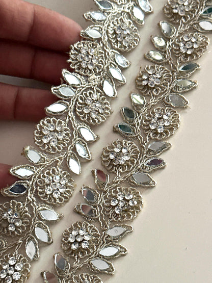 Floral Mirror Crystal Lace Trim Victorian Style Designer Gold Leaf Border for Saree Blouse Belt & Decor Indian Handmade Embroidery Ribbon