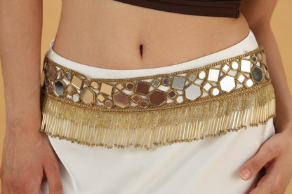 Handmade Mirror Embroidered Waist Belt with Bead Fringe Indian Boho Festival Belt Statement Trim for Sarees, Dresses and skirts
