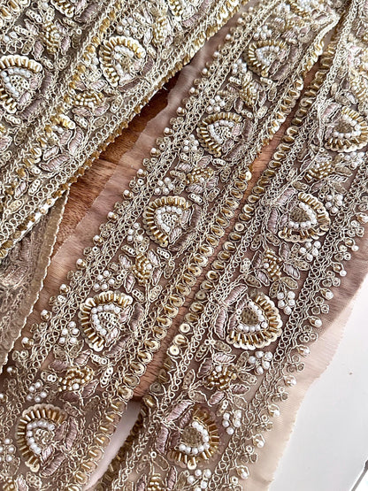Luxury Hand Embroidered Pearl Sequin Trim Gold Zardozi Lace Border for Saree Dupatta Bridal Veil Lehenga & Wedding Dress Indian Craft Ribbon
