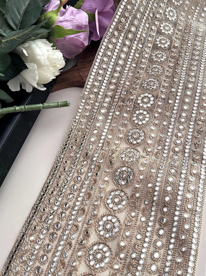 Gold Embroidered Fabric with Mirror Bead Work Indian Bridal Lace Trim for Saree Lehenga Dupatta Dress Zari Border Embellishment by Yard