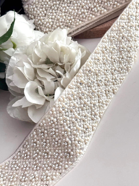 Pearl and Rhinestone Beaded Trim Wide Luxury Bridal Ribbon Handcrafted Applique
