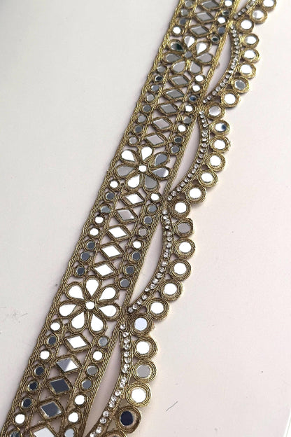 Gold Floral Mirror Lace Trim with Rhinestone Zircon Wide Indian Border for Bridal Belt Festival Cinturone DIY Costume Making & Dancewear