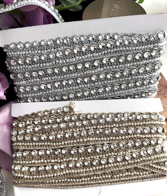 Vintage Inspired Pearl Crystal Trim Artisan Metallic Lace in Gold Silver for Couture Bridalwear Boho Gown Headband DIY Styling Wedding Decor