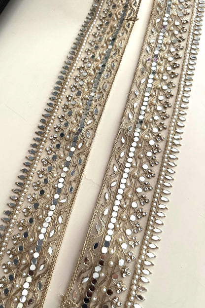 Pearl Mirror Lace Trim Zircon Gold Zari Embroidered Border for Saree, Dress, Decor Indian Wedding Veil Costume Ribbon  2 Inch Net Trim