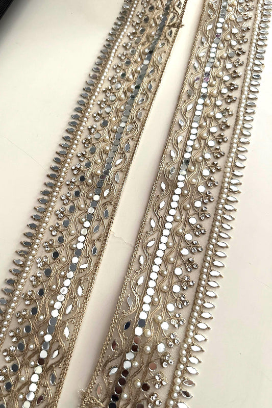 Pearl Mirror Lace Trim Zircon Gold Zari Embroidered Border for Saree, Dress, Decor Indian Wedding Veil Costume Ribbon  2 Inch Net Trim