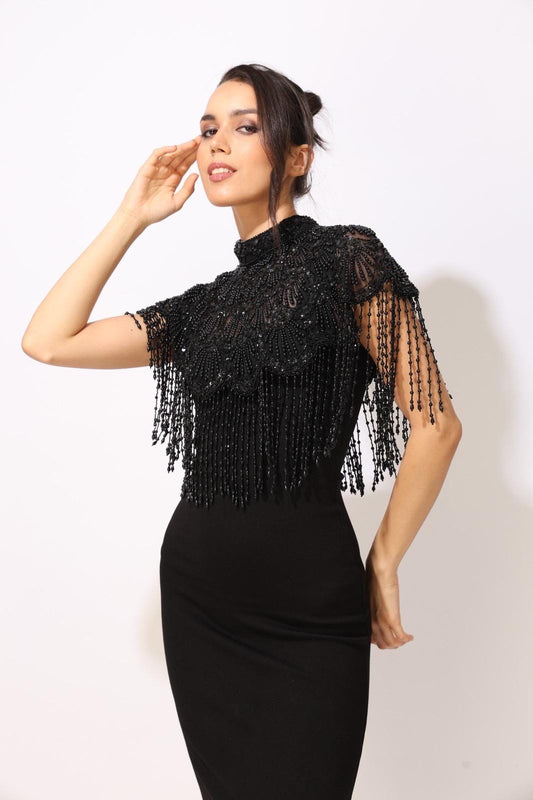 Black Embroidered Beaded Cape  Handmade Pearl Fringe Capelet Gothic Bridal Cover Up Statement Shoulder Accessory Evening Dress Cape