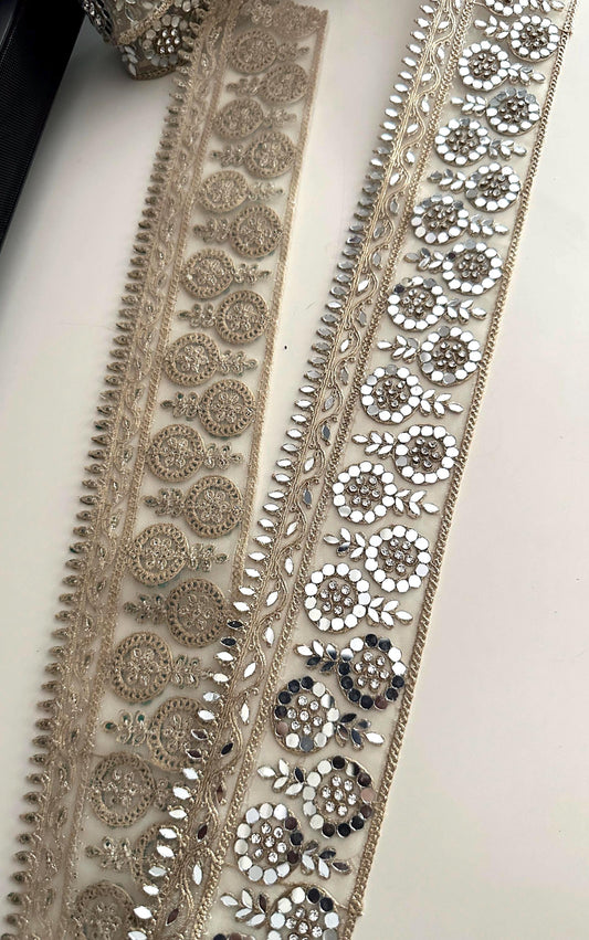 Mirror Work Embroidered Lace Trim Gold Zari Floral Border Ribbon for Saree Dress Costume Wedding Veil Decor Indian Craft Trim by the Yard