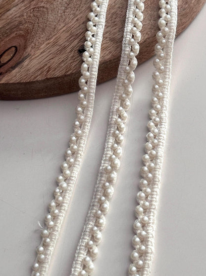 Ivory Pearl Lace Trim for Sewing Beaded Bridal Border for Saree Dress Veil Elegant Pearl Edging Ribbon Trim for DIY Craft & Decor 9mtr
