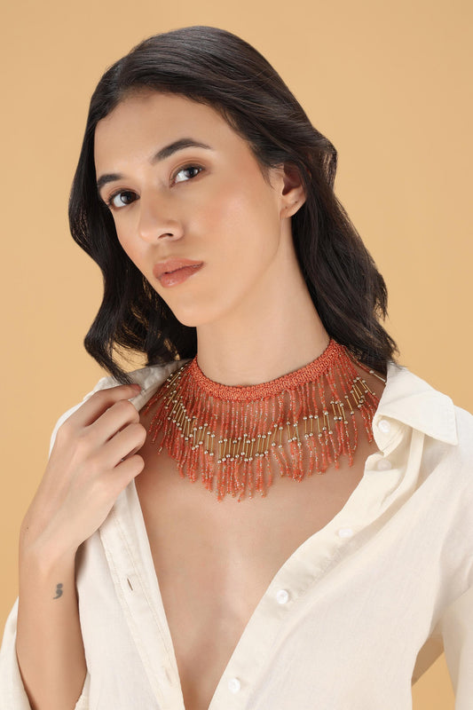 Orange Crystal Tassel Choker – Handmade Boho Statement Necklace – Jhalar Lace Jewelry for Festival & Evening Wear