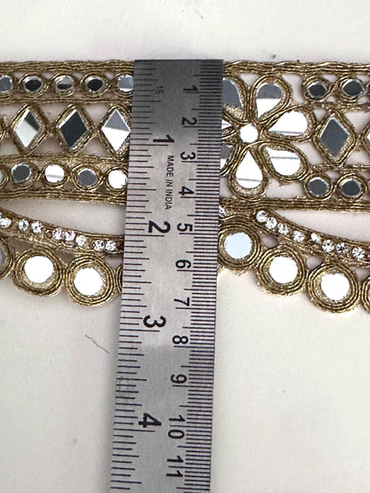 Gold Floral Mirror Lace Trim with Rhinestone Zircon Wide Indian Border for Bridal Belt Festival Cinturone DIY Costume Making & Dancewear
