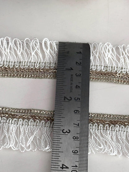 White & Gold boho Fringe Trim Loop Ribbon Metallic Curtain Edging Lace