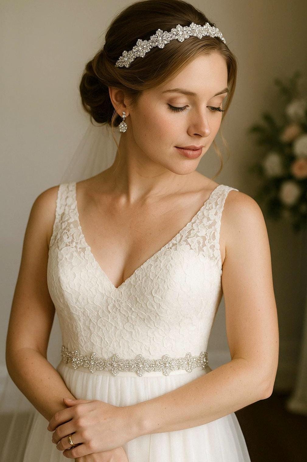 Rhinestone Beaded Lace Trim Silver