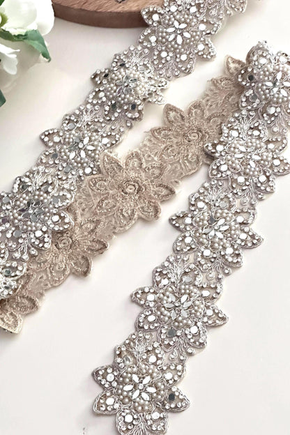 Rhinestone Beaded Lace Trim Silver