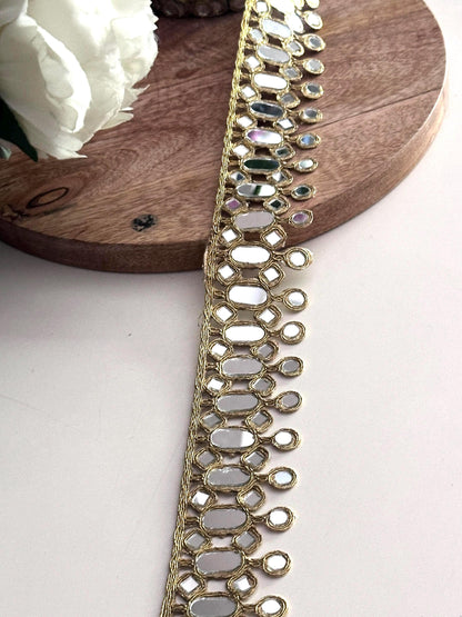 Gold Oval Mirror Lace Trim for Waist Belt Dupatta Costume Design Handcrafted Indian Saree Border Ribbon for DIY Bridal Festival Wear Jewelry