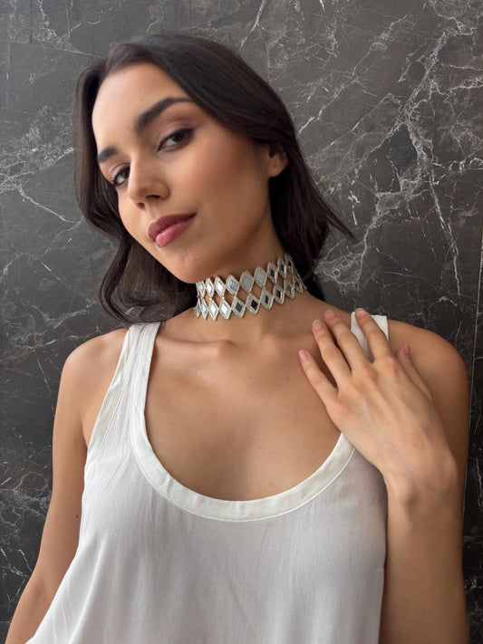 Gold Diamond Choker Jewelry Mirror Crystal Statement Collar Handcrafted Necklace Gift For Her