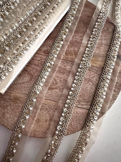 Luxury 9Yard Beaded Lace Trim Pearl & Glass Bead Cutdana Embroidery for Costume Lehengas Veil  Craft Project Decor Edging Ribbon