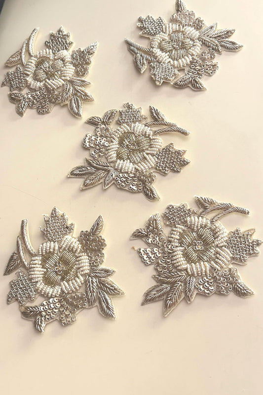 Hand Embroidered Silver Floral Applique Patch Pearl Bead Bridal Saree Dress Jacket Craft Embellishment Zardozi Embroidery Sequin Motif