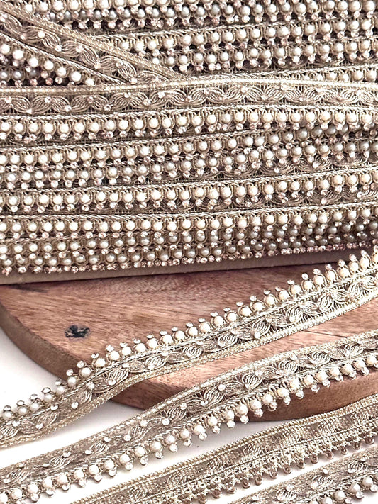Gold Pearl Beaded Trim Embroidered Lace Saree Border Wedding Dress Trim