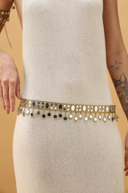 Boho Mirror Crystal Choker Belt Armlet Set for Saree Dress Jumpsuit - Bridal Gold Waist Jewelry Fun Party Accessory Unique Gift For Her