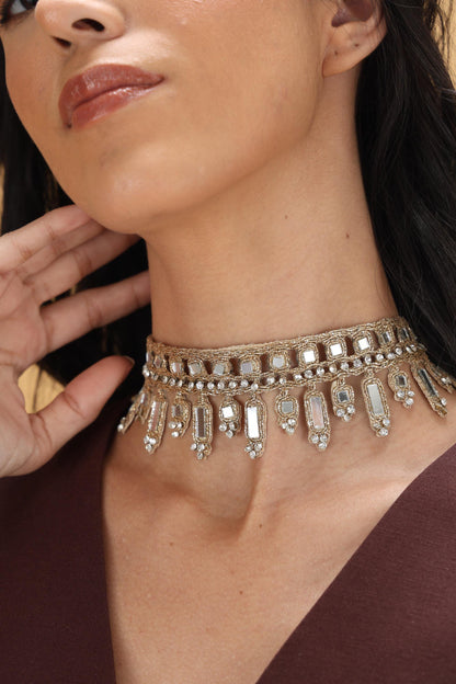 Handmade Mirror Choker with Silver Rhinestones Gold Statement Necklace with Crystal Drops Boho Festival & Evening Wear Jewelry