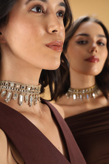 Mirror Crystal Choker Necklace – Handmade Gothic Lace Statement Jewelry – Gold & Rose Gold Metallic Thread – Adjustable Gift for Her