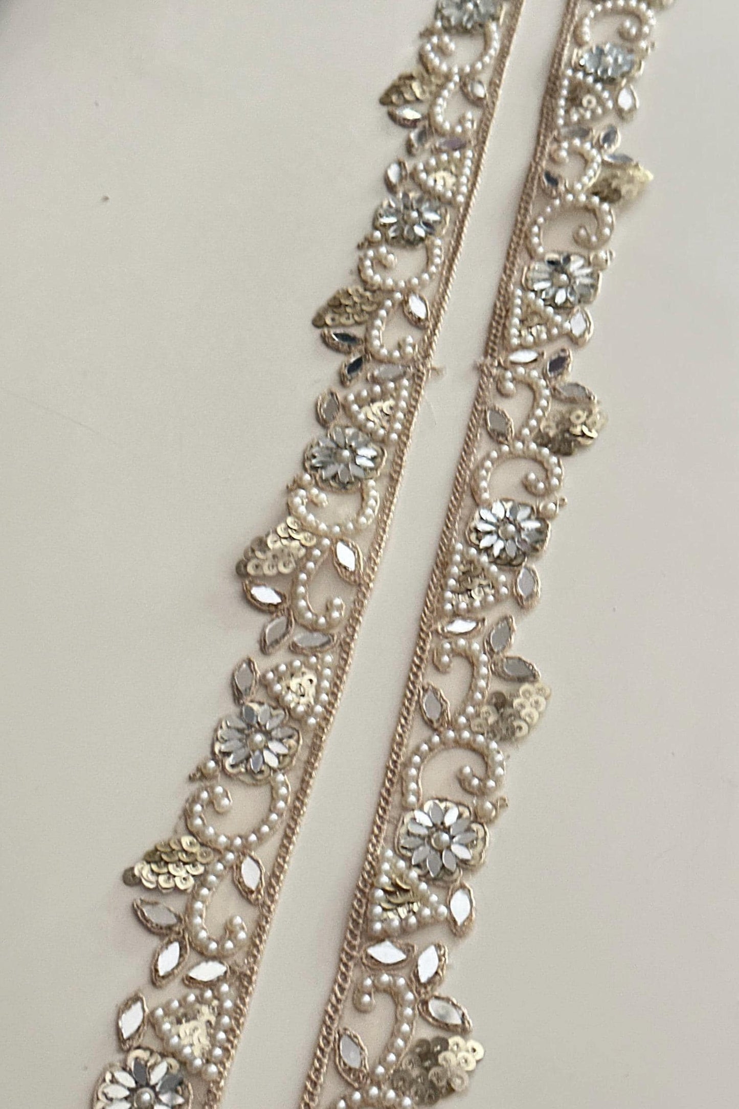 Gold Mirror Lace Trim with Pearls Floral Sequin  Hand Embroidered Border for Saree Lehenga Dupatta Wedding Veil DIY Jewelry & Decor