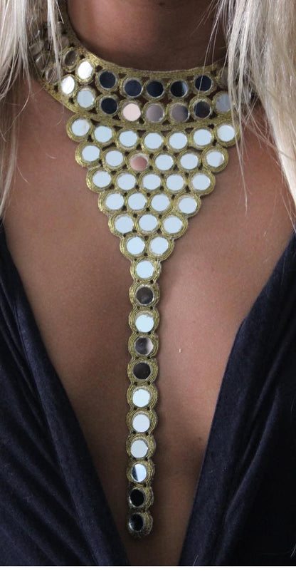 Hand Embroidered Mirror Work Neck Applique  Boho Silver & Gold Body Jewelry Yoke Patch Mirror Crystal Embellishment for Dress Gown Costume