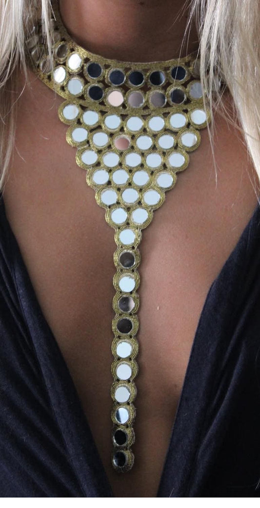 Hand Embroidered Mirror Work Neck Applique  Boho Silver & Gold Body Jewelry Yoke Patch Mirror Crystal Embellishment for Dress Gown Costume