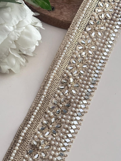Gold Floral Pearl Trim with Mirror Work Beaded Embellished Lace Saree Border Decorative Ribbon for Saree Sewing Costumes Bridal & DIY Craft