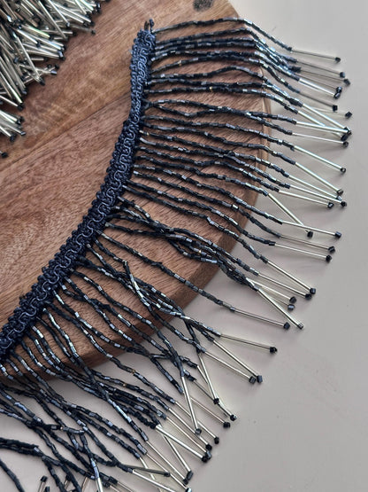 Blue Beaded Fringe Trim with Silver Bugle Beads 5.5inch Tassel Lace for Beaded Jewelry Dress Belly Dance DIY Costume Jacket Home Decor