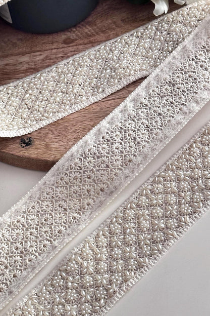 Ivory Pearl Beaded Trim 2 Inch Wide Wedding Gown Ribbon for Dress Sashes